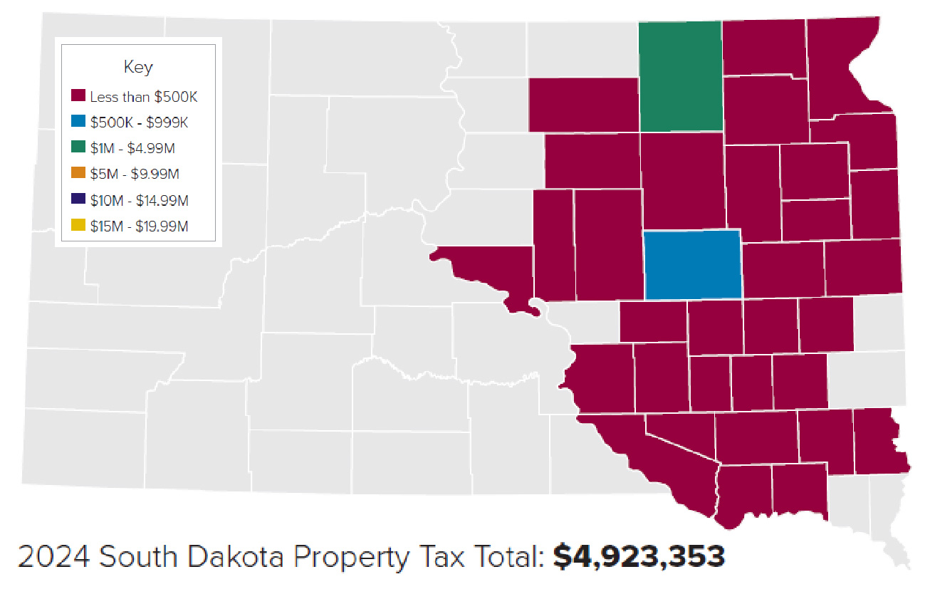 map showing the amount paid in property taxes in each south dakota county